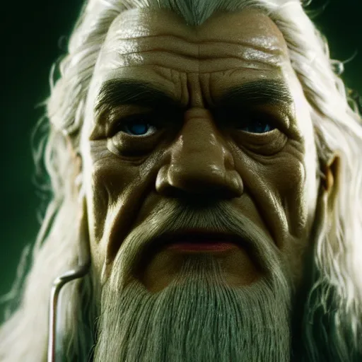 Prompt: film still of gandalf starring as the hulk, videogame still, portrait, 4 0 mm lens, shallow depth of field, close up, split lighting, cinematic