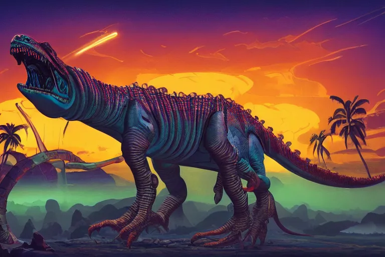 Prompt: mechanical dinosaur, art by alex schomburg and syd mead, trending on artstation, bioluminescence rear view in the golden hour, stuckism, 4 k hd wallpaper, fantasy artist, gond painting