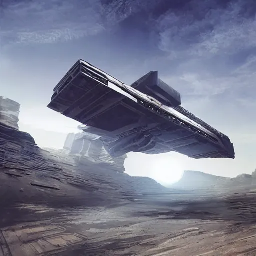 Image similar to Sci-Fi industrial futuristic Brutalism brutalistic huge huge flying carrier vehicle desert