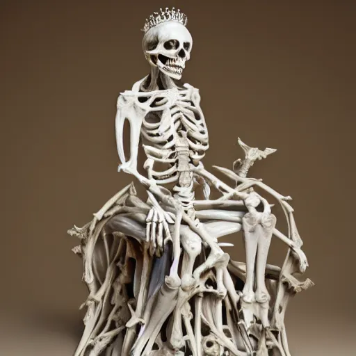 Image similar to a full figure marble sculpture of the queen of bones, detailed face, full figure, crown of skulls, sitting on a throne of bones, by michaelangelo, high detail, hard lighting, 4 k