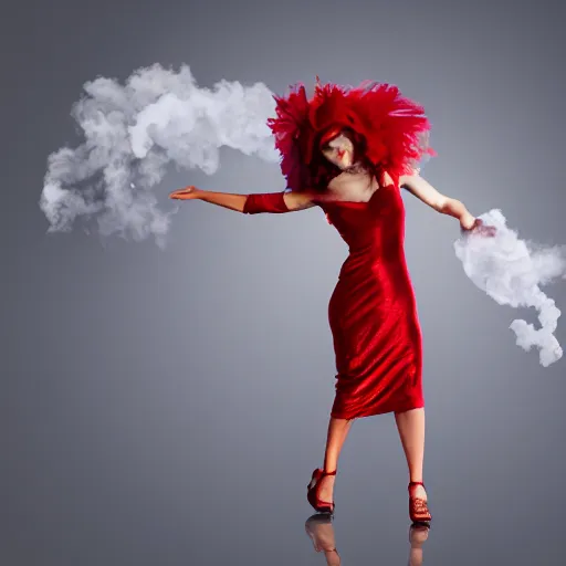 Prompt: a woman made of smoke, wearing a red dress, dancing, posed, photograph, photoshop,