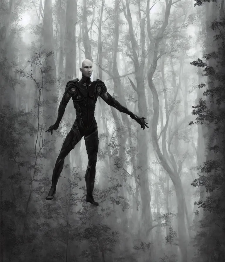 Image similar to portrait of a 1 5 foot tall, muscular, bald, smooth, extremely pale, androgynous humanoid with a perfectly symmetrical face, fully dressed in black body armour, in the background is a dense and foggy forest of trees, intricate detail, smooth, sharp focus, monochrome, high contrastl, art by artgerm and greg rutkowski,