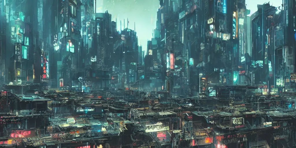 Prompt: remnants of a once advanced cyberpunk city, cinematic