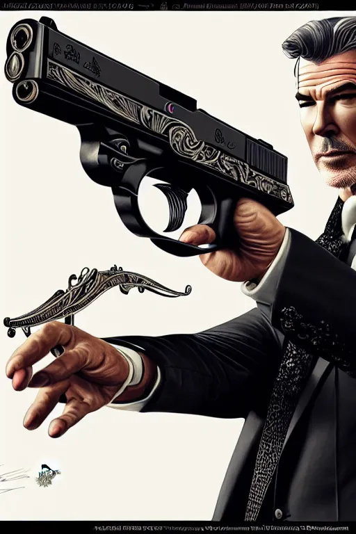 Image similar to Pierce Brosnan as James Bond, art deco, fantasy, intricate art deco leaf designs, elegant, highly detailed Glock pistol, sharp focus, art by Artgerm and beeple and Greg Rutkowski and WLOP