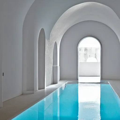 Prompt: an underground pool in an all white room with smooth arched ceilings and doorways, liminal space, dark lighting,