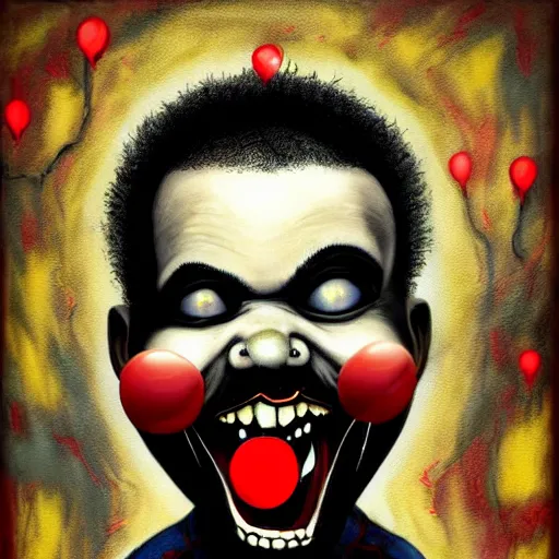 Image similar to grunge painting of kanye with a wide smile and a red balloon by chris leib, loony toons style, pennywise style, corpse bride style, horror theme, detailed, elegant, intricate