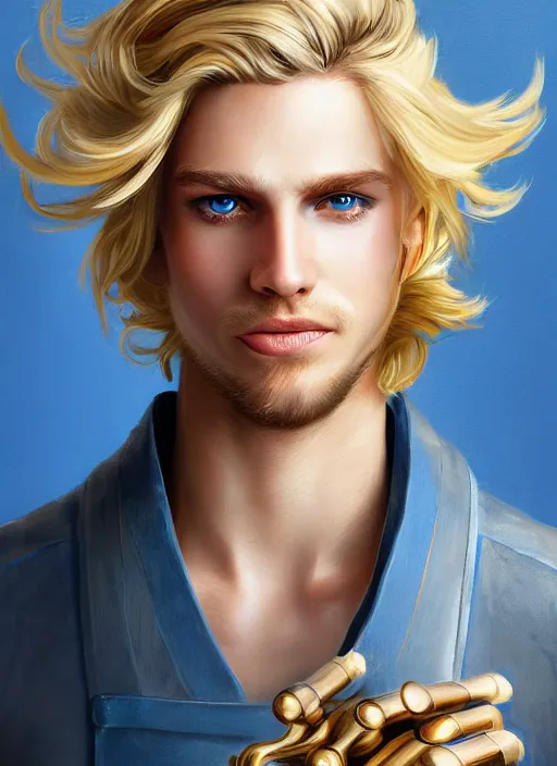 Image similar to a highly detailed illustration of long wavy bright blonde haired effeminate boy wearing blue blacksmith apron and iron mechanical arms, blue eyes, dramatic smiling pose, perfect face, symmetrical eyes, intricate, elegant, highly detailed, centered, digital painting, artstation, concept art, smooth, sharp focus, league of legends concept art, wlop