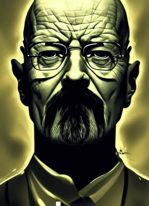 Image similar to dark scifi illustration portrait of walter white. cinematic lighting mad scientist style. golden ratio accidental renaissance. by dave mckean. graffiti art, scifi, fantasy, hyper detailed. octane render. concept art. trending on artstation