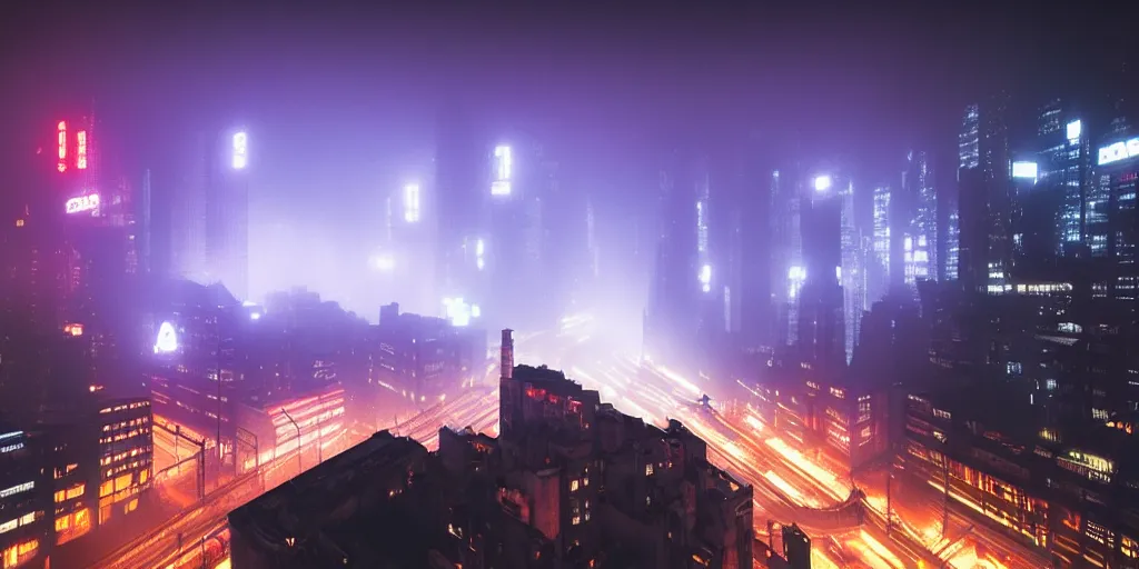 Prompt: giant illuminated advert screens, megacity streets seen from above, eerie fog, neon signs, blade runner, ex machina