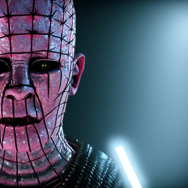 Image similar to pinhead from hellraiser movie, 8 k ultra realistic, lens flare, atmosphere, glow, detailed, intricate, full of colour, led lighting, 4 k, hyperrealistic, focused, extreme details, unreal engine 5, masterpiece