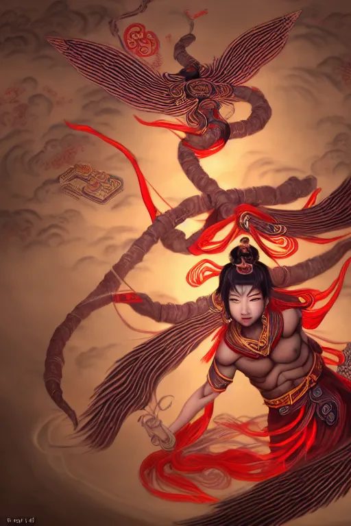 Image similar to nezha flies around swiftly on his wind flame circles in ruin chinese city, masterpiece, chinese mythology, top view, cinematic, fantasy character portrait, highly detailed, by new gods : nezha reborn, nezha : birth of the demon child, ne zha from smite, trending on artstation, concept art, flame everywhere,