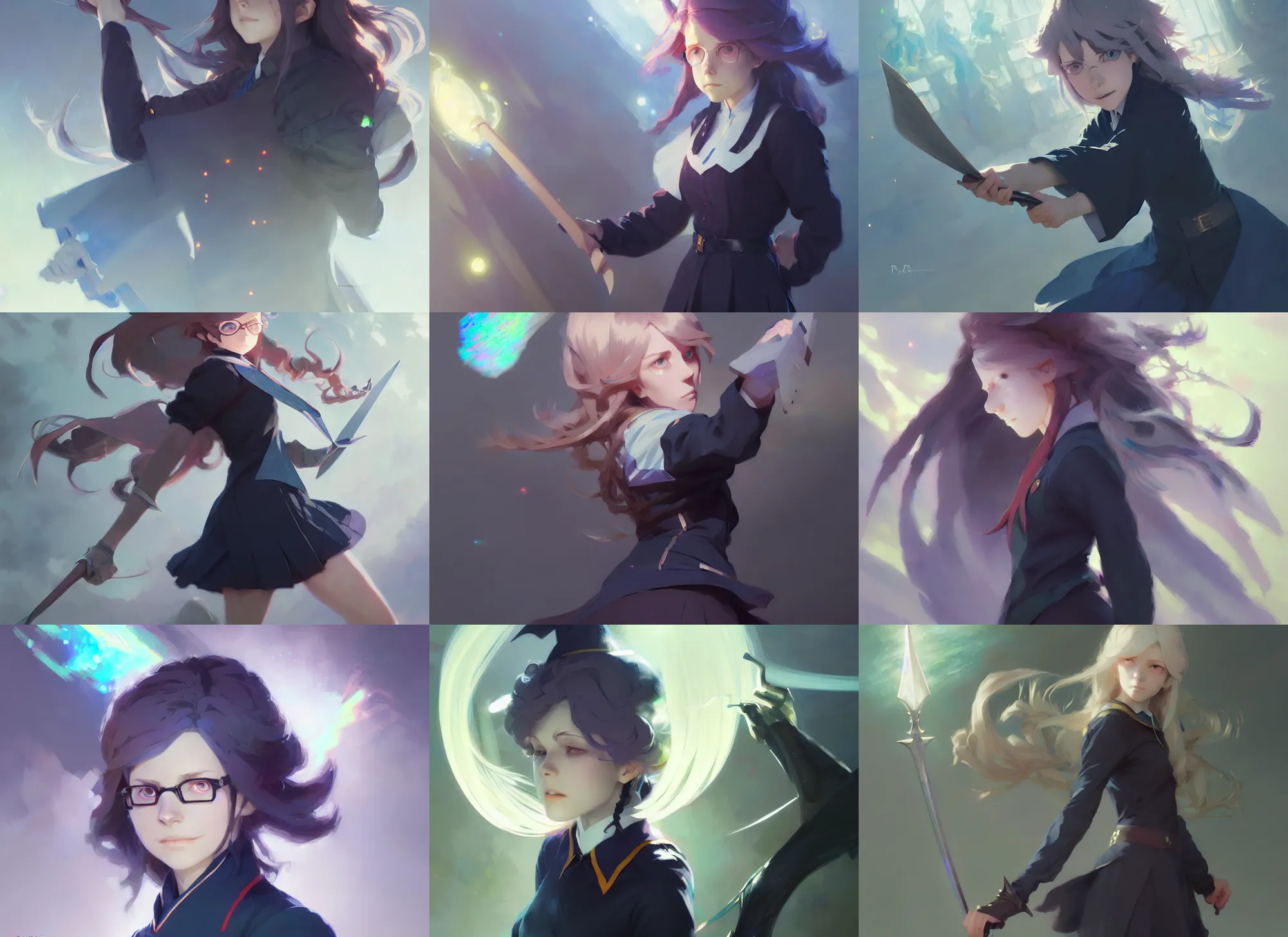 Prompt: witch academia, female college student, light iridescent hair color, magic school uniform, intricate, sharp focus, illustration, highly detailed, digital painting, concept art, matte, art by ruan jia and wlop and greg rutkowski, masterpiece