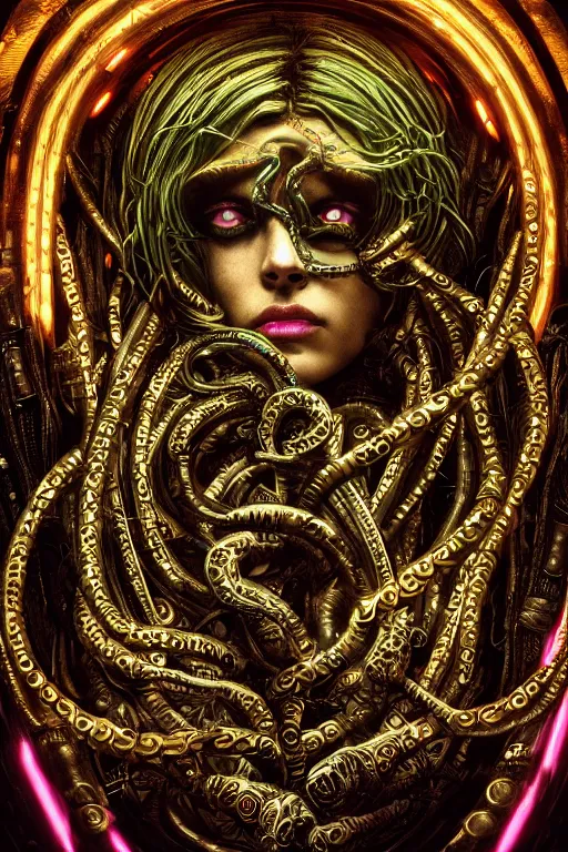 Image similar to Cyberpunk medusa, dark atmosphere, cinematic shot, intricate, ornate, photorealistic, ultra detailed, realistic, 35mm, photography, neon, octane, high definition, depth of field, bokeh, 8k, artstation, ((alphonse mucha)), (hr giger)