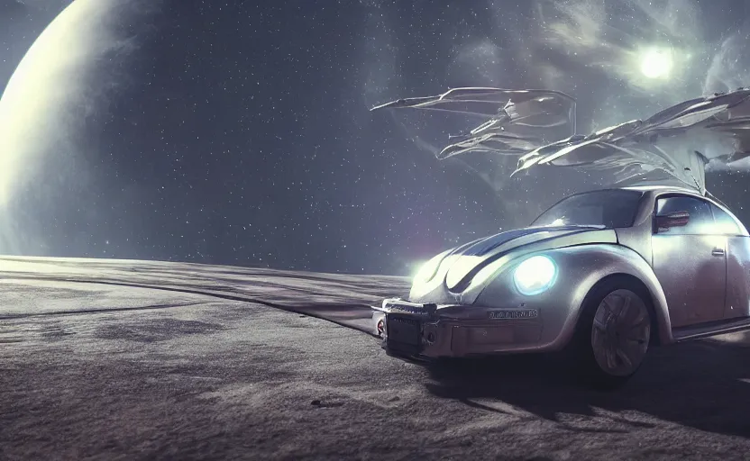 Image similar to a spaceship version of the vw beetle floating in the space, masterpiece, hyperrealistic, futuristic, symmetrical, octane render, unreal engine 5, path traced, highly detailed, high quality, 8 k, cinematic, high coherence, soft lighting, spacecraft, bloom