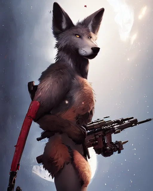 Image similar to beautiful portrait of a handsome black male anthropomorphic wolf fursona red hair, long red hair wearing destiny 2 armor and holding a sniper rifle. character design by cory loftis, fenghua zhong, ryohei hase, ismail inceoglu and ruan jia. artstation, volumetric light, highly detailed, photorealistic, fantasy, rendered in octane