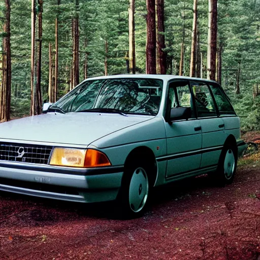 Image similar to vhs footage of a 1 9 9 5 volvo car in a boreal forest