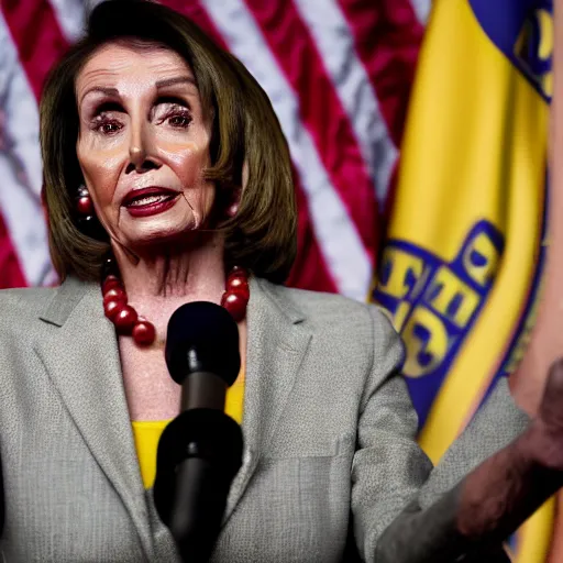 Image similar to nancy pelosi exhaling a huge hit that she took from her bong, award winning cinematic photography