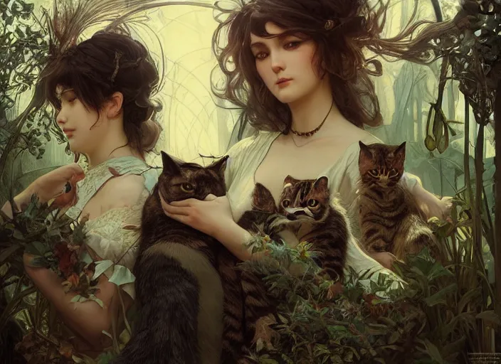 Image similar to a dramatic highly detailed render of cat family , wonderland , by WLOP and Artgerm and Greg Rutkowski and Alphonse Mucha, Beautiful dynamic dramatic dark moody lighting, shadows, cinematic atmosphere, Artstation, Octane render, 8K, masterpiece, sharp focus, hyperrealistic, photograph