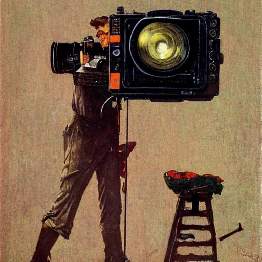 Image similar to norman rockwell painting of a man holding a large television - video - camera