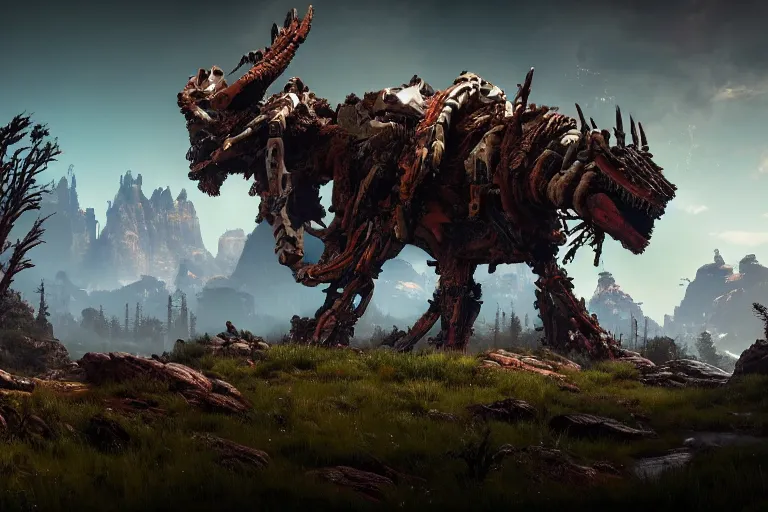 Prompt: wide epic shot from horizon forbidden west with a view on a hyper detailed organic mechanic creatuve realistic similar look as horizon forbidden west horizon zero dawn, bioluminiscence in a dark deep forest at dawn in spring, with reflection and textures, by kilian eng, substance painter realistic mech surface metal painted scratches, world env from horizon forbidden west horizon zero dawn