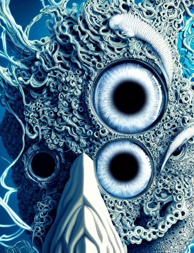 Prompt: eye of god macro close - up portrait with mask made of ram skull. betta fish, jellyfish phoenix, plasma, water, wind, creature, super intricate ornaments artwork by tooth wu and wlop and beeple and greg rutkowski