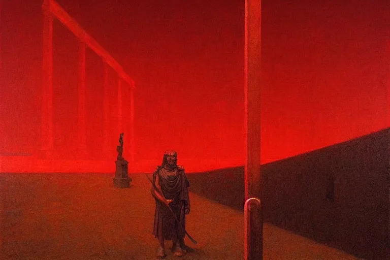 Image similar to only with red, caesar after war, a red tiger, in hoc signo vinces, rome in background, an ancient path, in the style of beksinski, part by hopper, part by rodcenko, part by hofbauer, intricate composition, red by caravaggio, insanely quality, highly detailed, masterpiece, red light, artstation