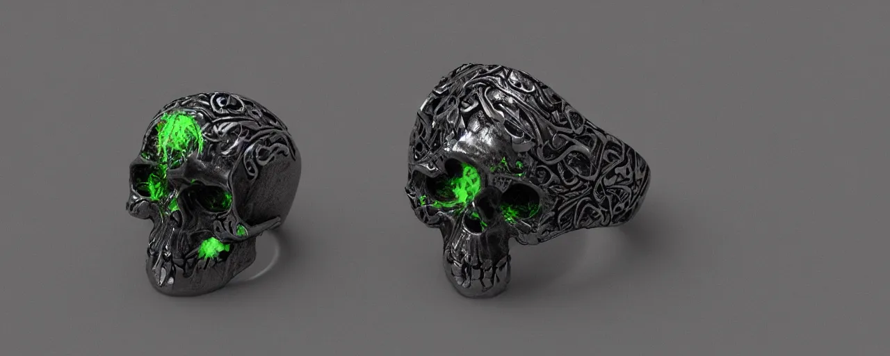 Image similar to simple ring with a skull, ring, skull, black, green mist emanates, magic, poison, smooth shank, crystals, engravings, product design, jewelry, art by gerald brom, greg rutkowski and artgerm and james jean and zdzisław beksinski, 8 k, unreal engine, c 4 d