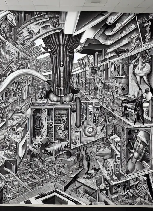 Prompt: epic mural of technological change through history bymarcus akinlana, basil wolverton, mc escher, dali, picasso, hr giger, wheres waldo, cybernetic river of transformation
