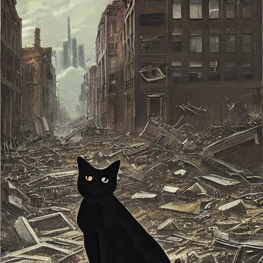 Image similar to a black cat looking at a destroyed city, by karcz, michal