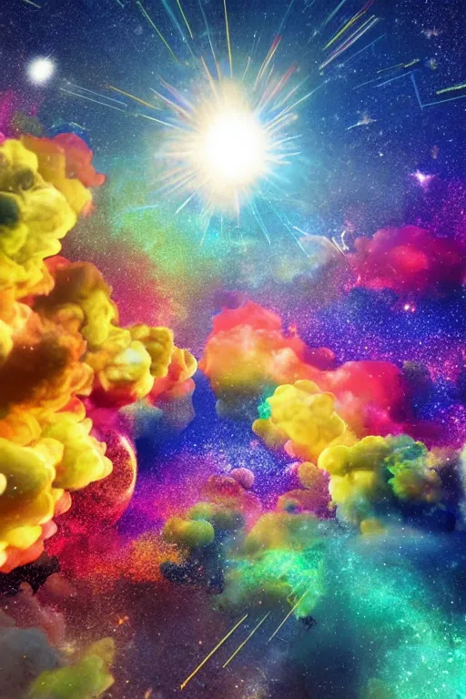 Prompt: geometric 3 d render soft bright pastel rainbow fireball mountains surrounding stars