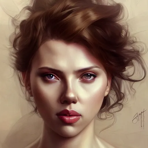 Image similar to Scarlett Johansson , beautiful bone structure, intricate, elegant, highly detailed, digital painting, artstation, concept art, smooth, sharp focus, illustration, art by artgerm and greg rutkowski and alphonse mucha