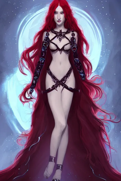 Image similar to a full body portrait of a gorgeous female sorceress, looking at camera, D&D, choker on neck, stylish dress with arcane magic symbols, very long flowing red hair, intricate, elegant, stylish, cute slightly nerdy smile, mouth slightly open, fantasy, extremely detailed, digital painting, artstation, concept art, smooth, sharp focus, illustration, stunning lighting, art by artgerm and greg rutkowski and alphonse mucha and simon stalenhag