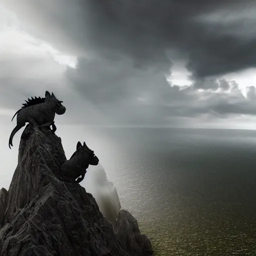 Prompt: gargoyles on top of a misty mountain, ocean storm, 4k, Crepuscular Rays, Octane render