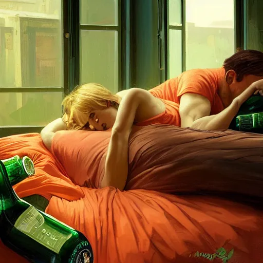 Image similar to young man in orange shirt and a girl in green shirt sleeping in bed close to guinness bottles highly detailed, digital painting, artstation, concept art, smooth, sharp focus, illustration, art by artgerm and greg rutkowski and alphonse mucha