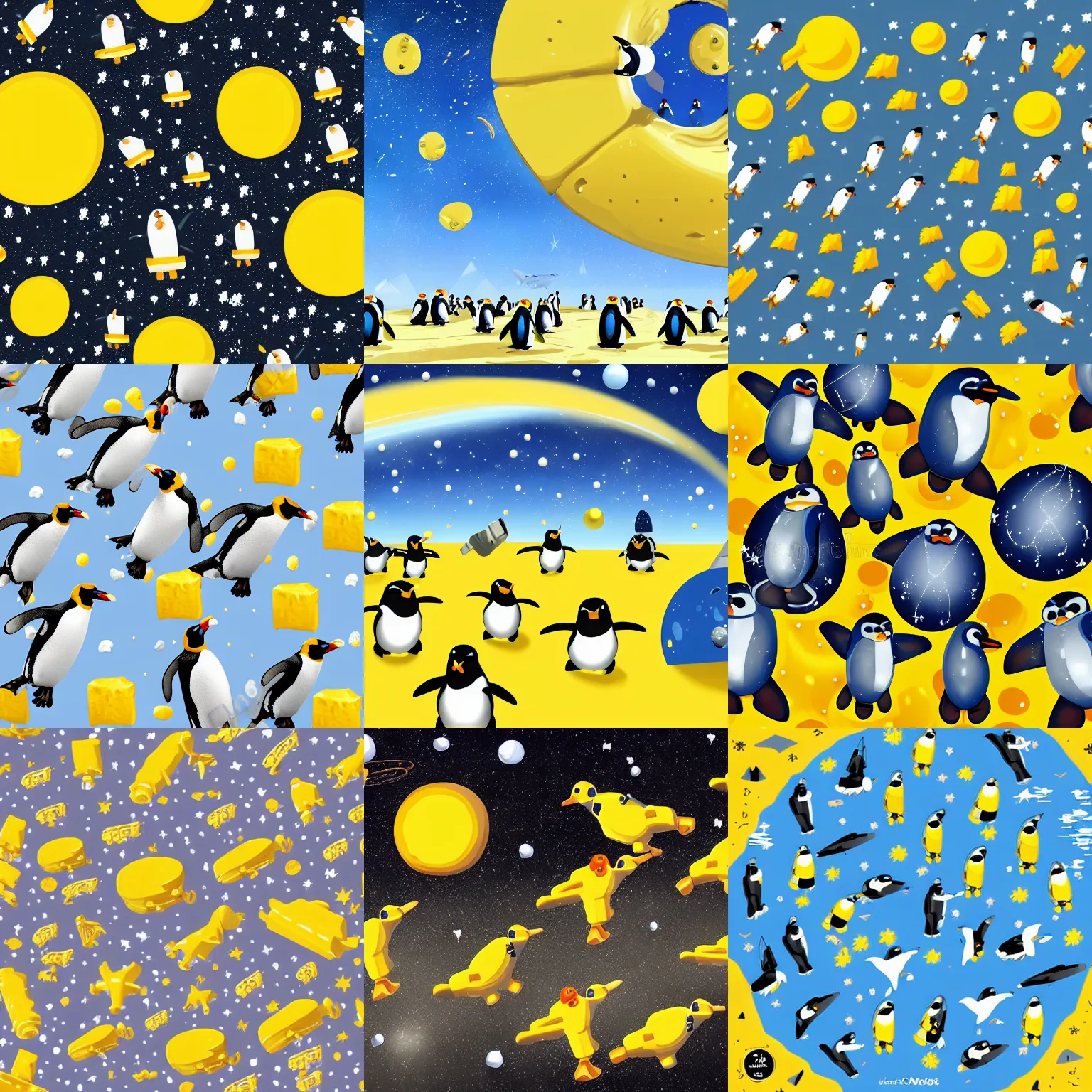 Prompt: planet made of yellow swiss cheese in space, army of robotic penguins, soldier penguins, invasion, hyper-realistic, digital illustration