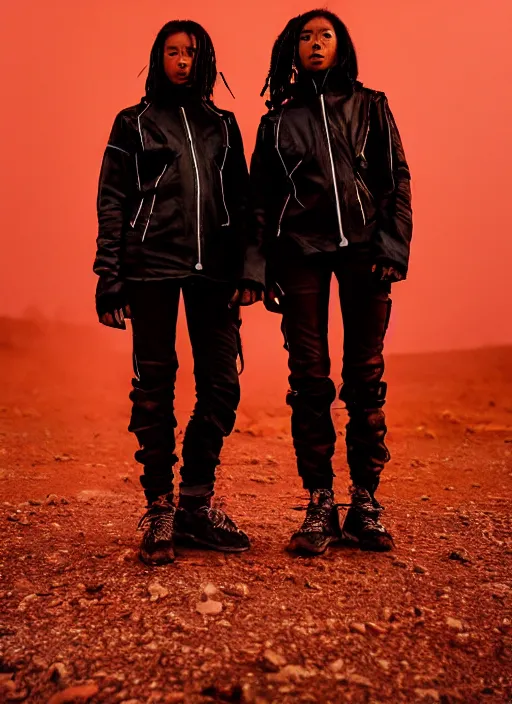 Image similar to photographic portrait shot on cinestill 5 0 d of two loving clones, women wearing rugged black techwear on a desolate plain with a red sky, closeup, diverse race, cyberpunk, in front of a brutalist dark metal facility, dust storm, 3 5 mm, 8 k, depth of field, high resolution, ultra realistic faces