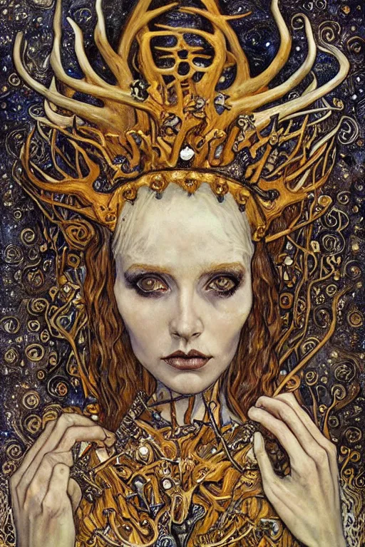 Image similar to The Crown of Bones by Karol Bak, Jean Deville, Gustav Klimt, and Vincent Van Gogh, mystic eye, otherworldly, crown made of bones, antlers, horns, ornate jeweled crown, skull, fractal structures, arcane, inferno, inscribed runes, infernal relics, ornate gilded medieval icon, third eye, spirals, rich deep moody colors