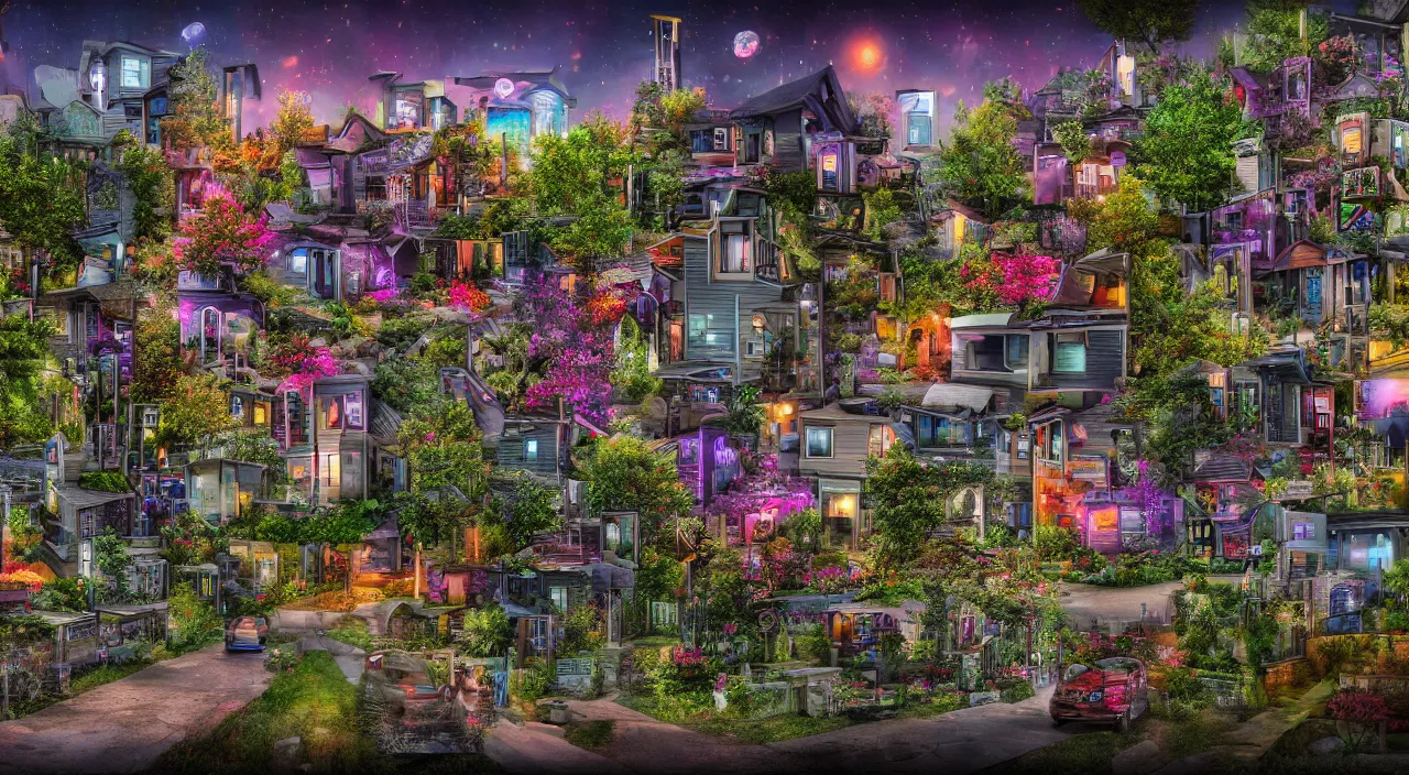 Prompt: a liminal space neighborhood. 8 k resolution, beautiful, digital art, maximalist.