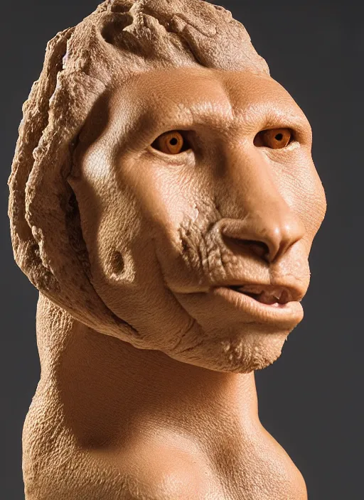 Image similar to a bust sculpture of a neandertal with feline features, ceramic base, front view, studio lighting, expresive
