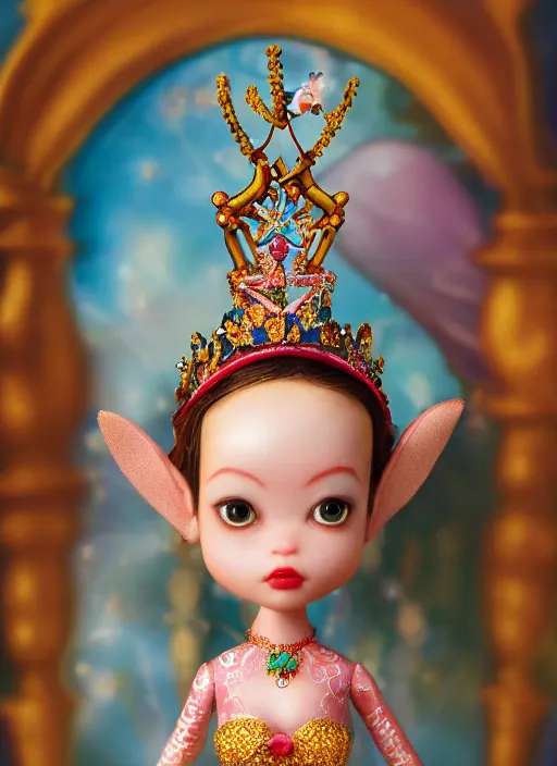 Image similar to closeup profile portrait of tin toy fairytale princess wearing a crown, bikini, depth of field, zeiss lens, detailed, symmetrical, centered, fashion photoshoot, by nicoletta ceccoli, mark ryden, lostfish, breathtaking, 8 k resolution, extremely detailed, beautiful, establishing shot, artistic, hyperrealistic, octane render