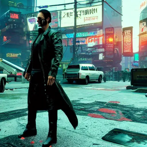 Image similar to photo of a Keanu Reaves from the Matrix film in the Cyberpunk 2077 game
