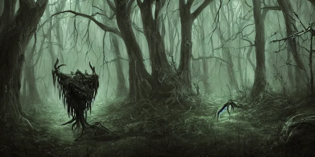 creepy creature in a dark forest, digital art, | Stable Diffusion