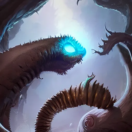 Image similar to a giant earthworm, worm monster, worm mouth, rock and dust, earthworm brown theme, bright art masterpiece artstation. 8 k, sharp high quality artwork in style of jose daniel cabrera pena and greg rutkowski, concept art by tooth wu, blizzard warcraft artwork, hearthstone card game artwork, earthworm rising from the ground