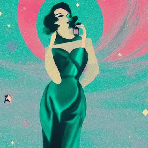 Prompt: “ femme on a galactic shore, 1 9 5 0 s noir, art deco, teal palette ”