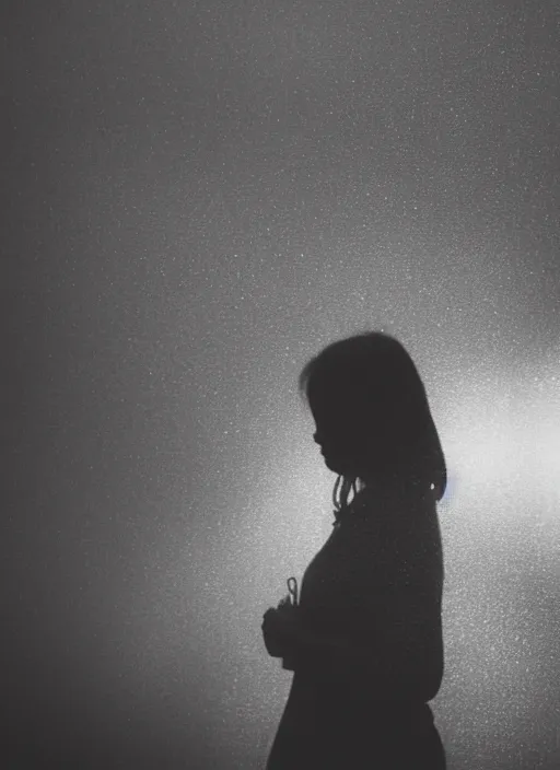 Image similar to a 2 8 mm macro photo of a woman standing in the rain, long exposure, misty, night, splash art, movie still, bokeh, canon 5 0 mm, cinematic lighting, dramatic, film, photography, golden hour, depth of field, award - winning, anamorphic lens flare, 8 k, hyper detailed, 3 5 mm film grain