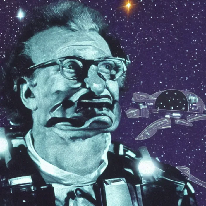 a sci - fi hologram of harry caray in space, universe