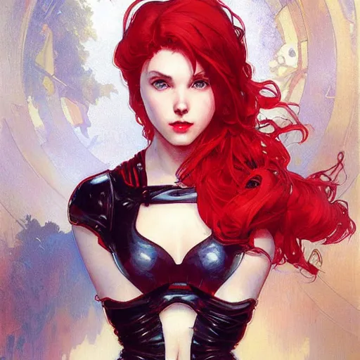 Prompt: a cool red - haired girl. she is dressed as a superhero. clean elegant painting, beautiful detailed face. by artgerm and greg rutkowski and alphonse mucha