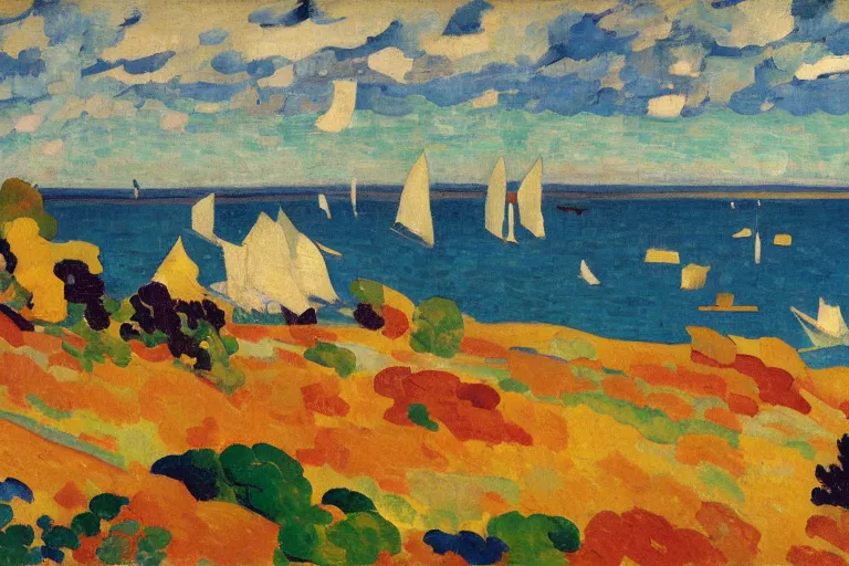 Prompt: A sprawling high resolution abstract landscape painting of the Chesapeake bay in the fall, bathed in golden light, peaceful, sailboats, birds in the distance, golden ratio, fauvisme, art du XIXe siècle, oil on canvas by André Derain, Albert Marquet, Auguste Herbin, Louis Valtat, Musée d'Orsay catalogue