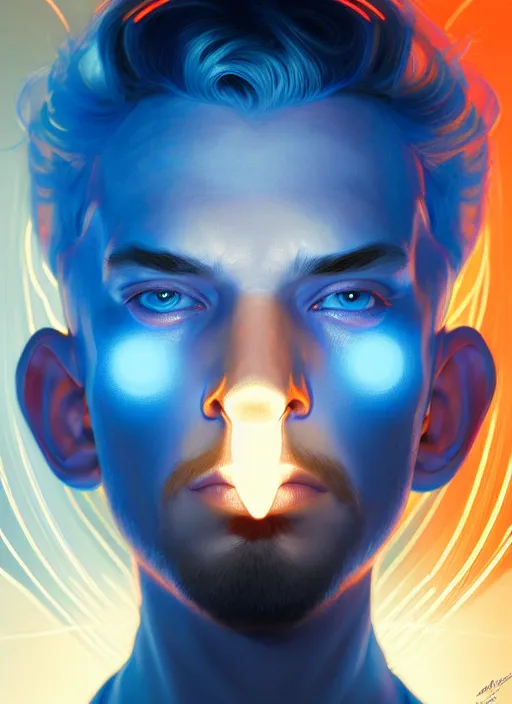 Prompt: symmetry!! portrait of man with blue flaming hair, sci - fi, glowing lights!! intricate, elegant, highly detailed, digital painting, artstation, concept art, smooth, sharp focus, illustration, art by artgerm and greg rutkowski and alphonse mucha,