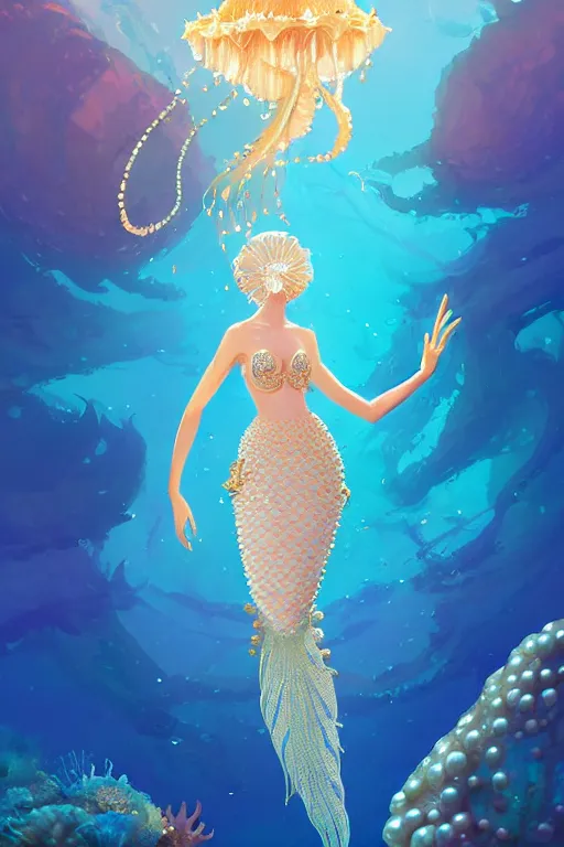 Image similar to a beautiful mermaid queen of the ocean in the middle of coral reefs, pearl and gold and crystal jewelry, complex and shiny dress inspired by jellyfish, by ross tran and atey ghailan, by greg rutkowski, by greg tocchini, by james gilleard, by joe fenton, by kaethe butcher, dynamic lighting, grunge aestheti